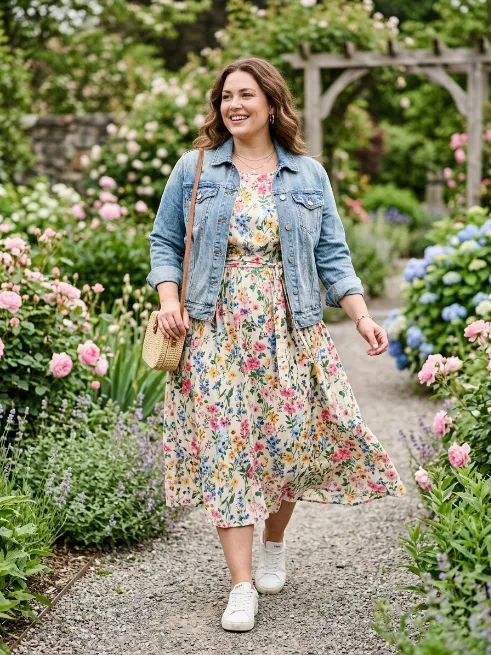1. Flowy Floral Midi Dress with Denim Jacket