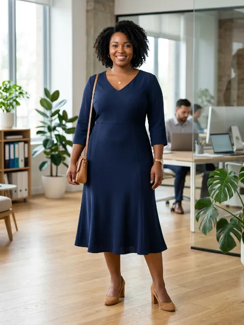 10. A Line Midi Dress With Block Heels