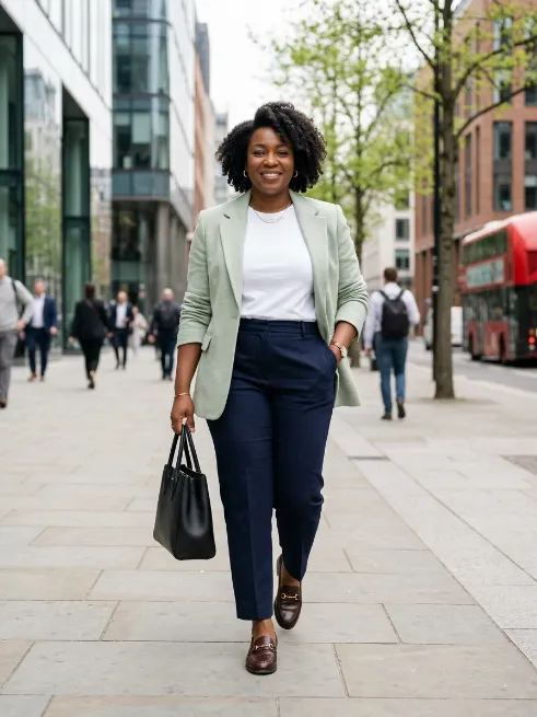 11. Pastel Blazer with White Tee and Trousers