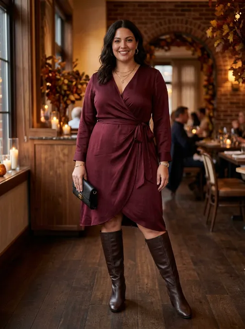 11. Wrap dress with knee high boots