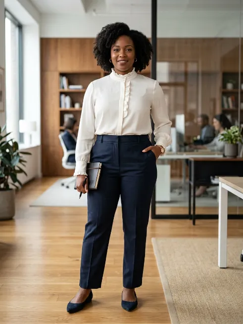 12. Ruffle Neck Blouse With Tailored Pants