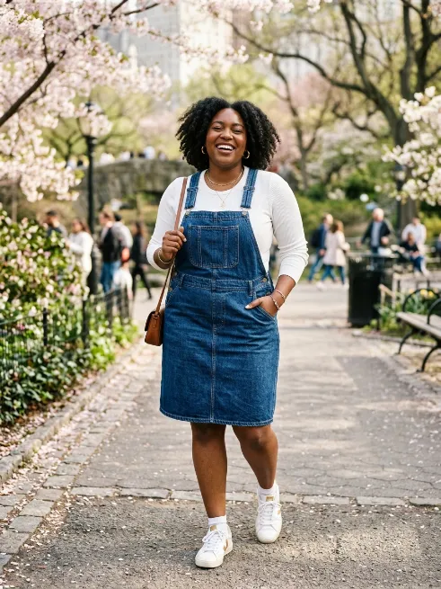 13. Denim Overall Dress with a Long Sleeve Top