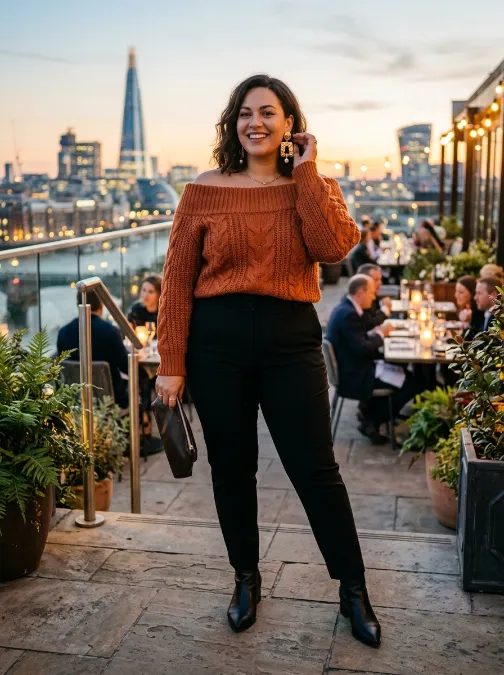 14. Off the shoulder sweater with statement earrings