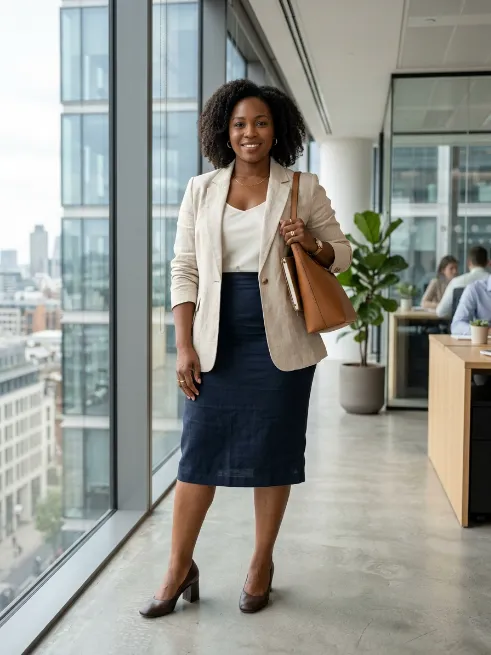 15. Linen Blazer With A Fitted Skirt