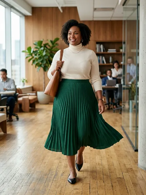 16. Pleated Midi Skirt With A Fitted Sweater