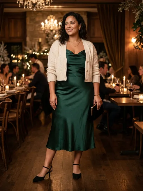 16. Satin Slip Dress With A Cropped Cardigan