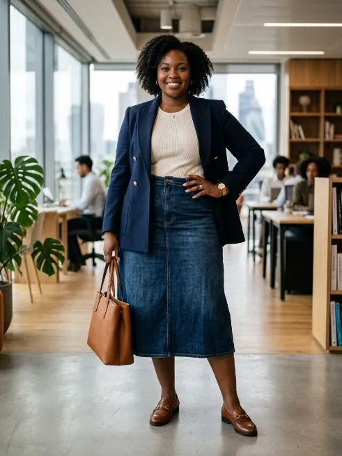 17. Denim Midi Skirt With A Blazer