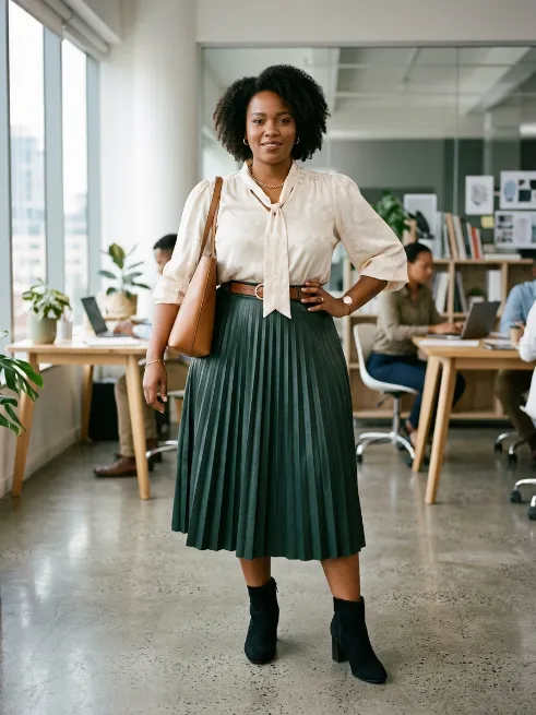 18. Faux Leather Skirt With A Soft Blouse