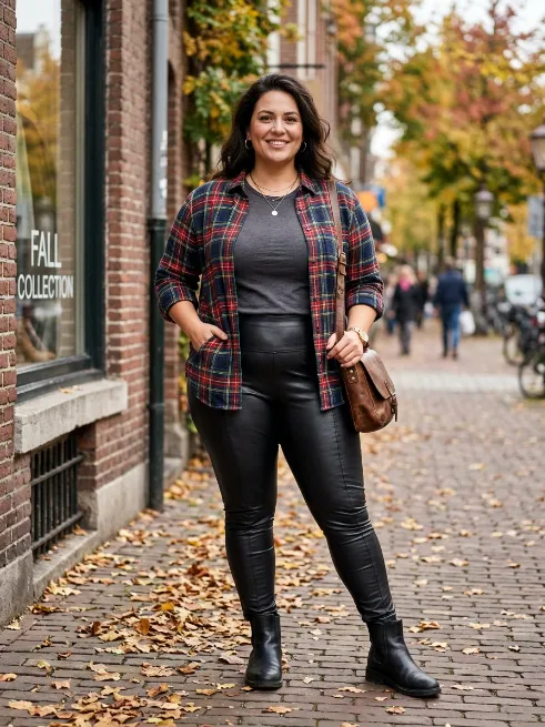 18. Plaid Shirt and Faux Leather Leggings