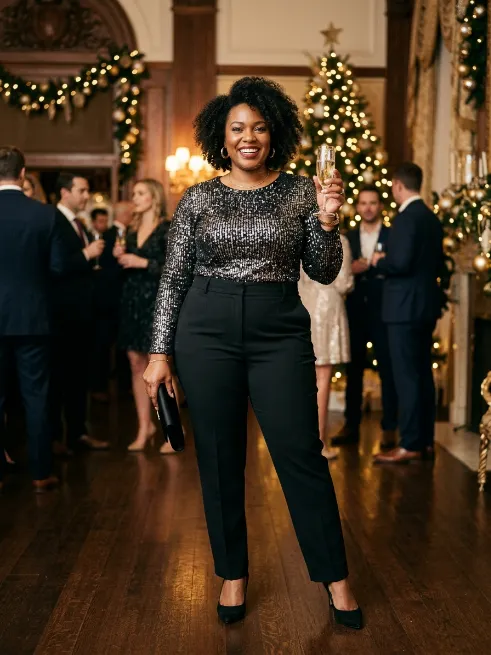 18. Sequin Top With Black Trousers