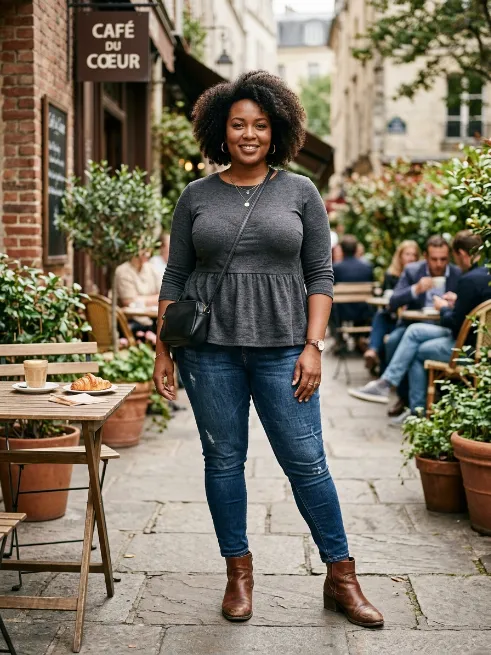 20. Peplum Top and Skinny Jeans for Extra Definition