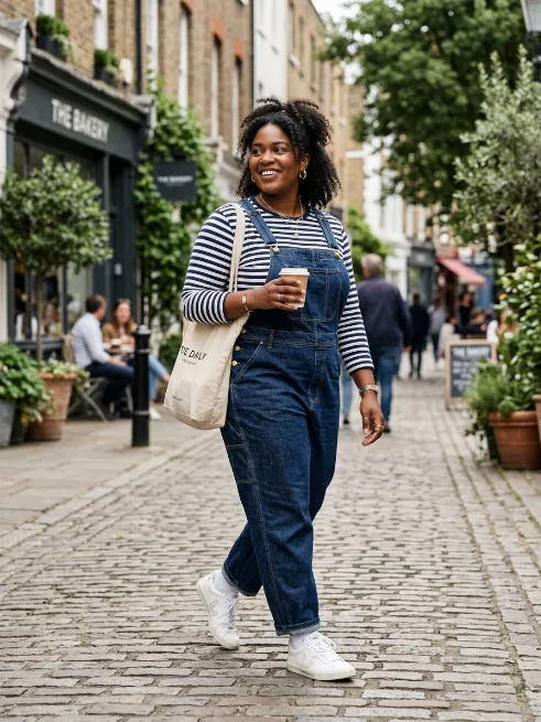 22. Overalls and Striped Top