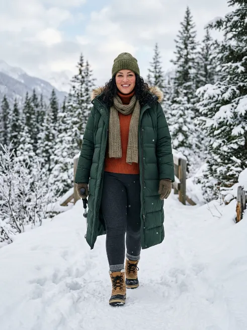 22. Puffer Coat With Thermal Leggings And Snow Boots