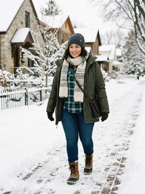 23. Layered Flannel With A Beanie And Scarf
