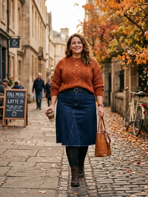 24. Denim skirt with tights and a sweater