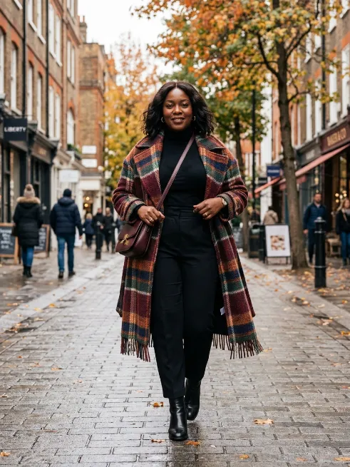 26. Plaid wool coat over all black