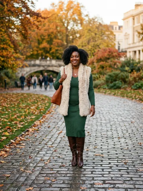 28. Faux fur vest over a knit dress