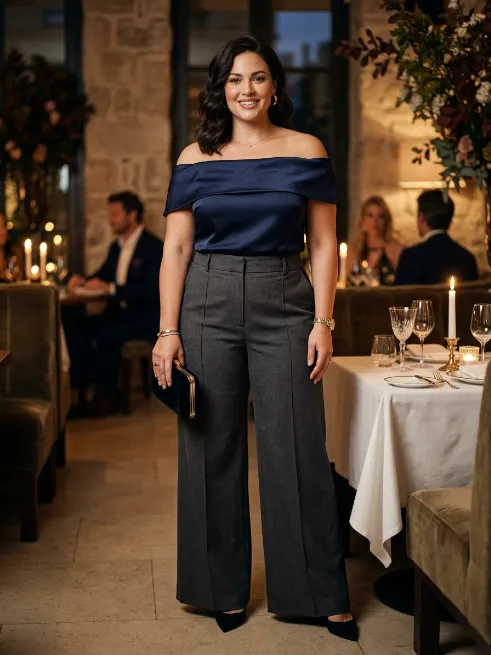 3. Off Shoulder Top and Trousers for Dinner