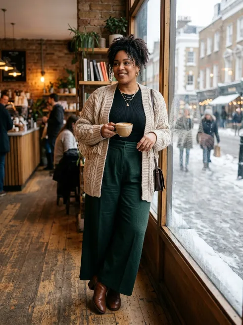 5. Chunky Cardigan With Wide Leg Pants