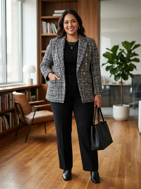 5. Textured Tweed Blazer with Straight Leg Pants