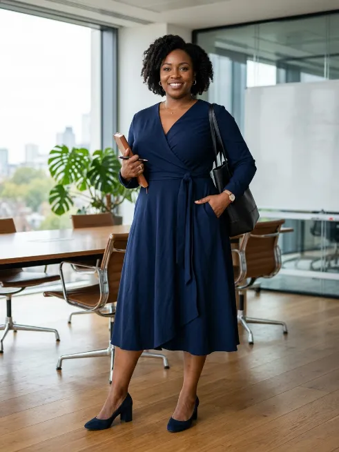 6. Wrap Dress with Block Heels