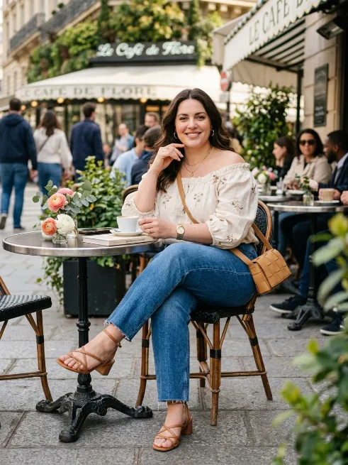 7. Off the Shoulder Top with Straight Leg Jeans