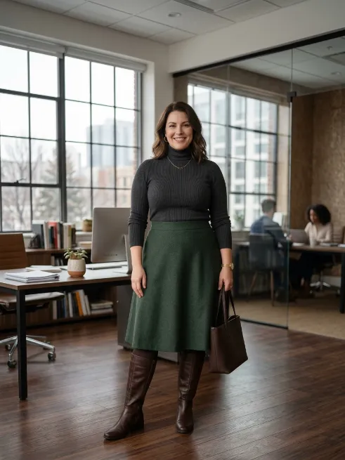 8. Midi Skirt With A Turtleneck And Tall Boots