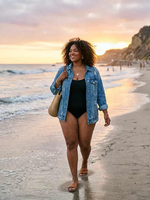 9. One Piece Swimsuit With A Denim Jacket