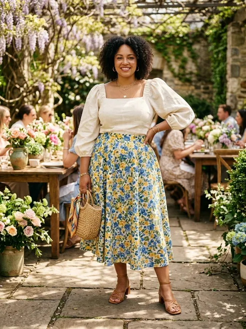 14. A Line Skirt With A Puff Sleeve Blouse