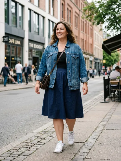 3. A Line Skirt With An Oversized Denim Jacket