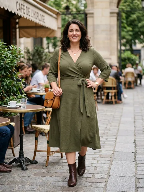 1. Belted Wrap Midi Dress With Ankle Boots