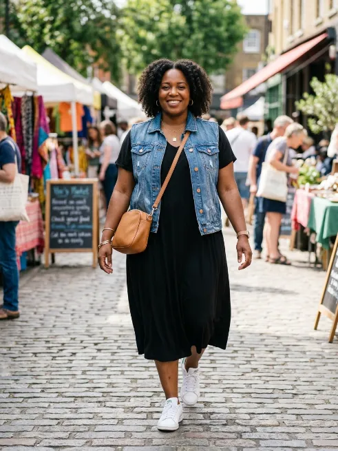16. Black Dress With A Denim Vest