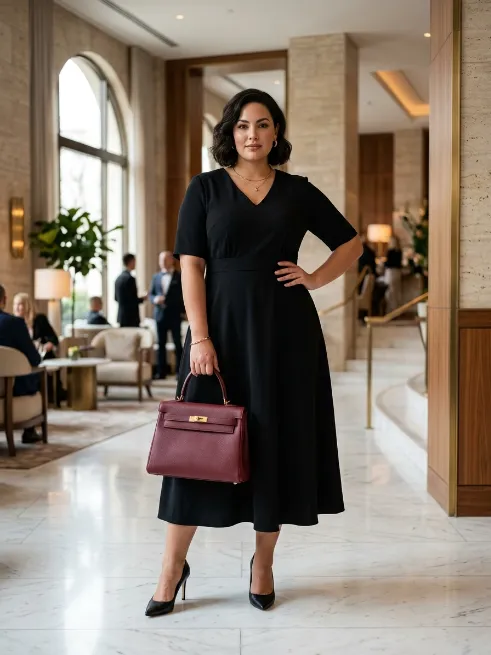 12. Black Dress With A Structured Handbag