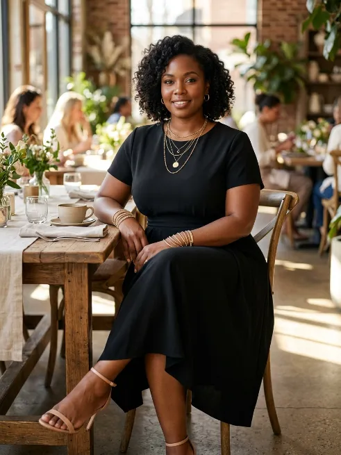 15. Black Dress With Layered Gold Jewelry