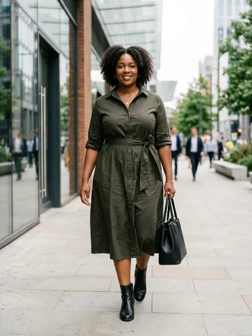 8. Button Down Shirt Dress With Ankle Boots