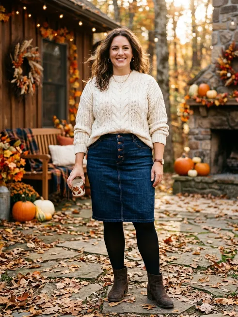 16. Cable Knit Sweater with a Denim Skirt