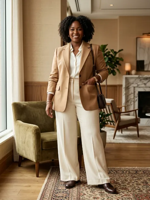 1. Camel Blazer With Wide Leg Trousers
