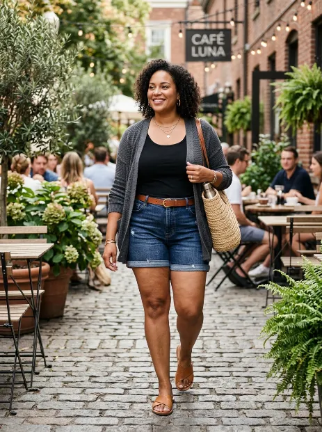 19. Cardigan And Denim Shorts