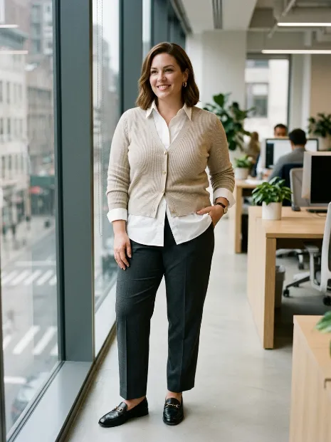 7. Cardigan Layered Over A Button Down