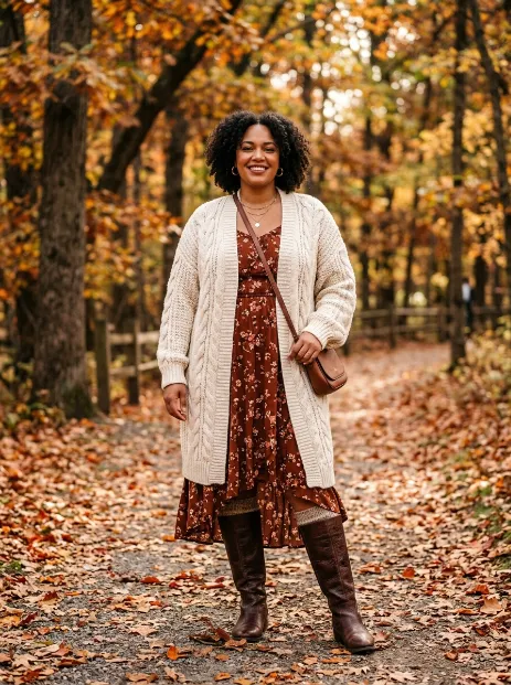 4. Chunky Cardigan Layered Over a Sleeveless Midi Dress