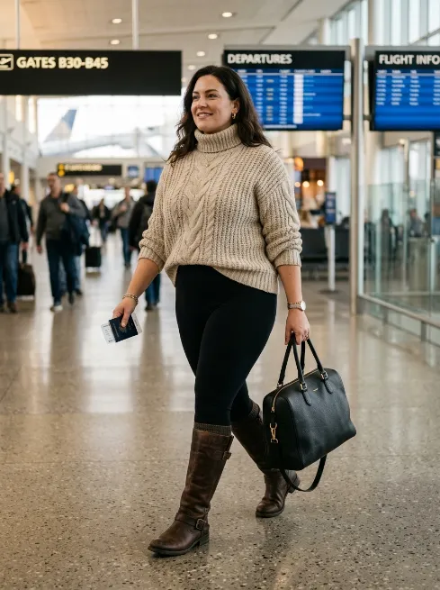 23. Chunky Knit Sweater With Leggings and Boots