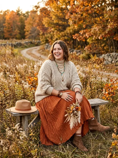 17. Chunky knit sweater with a broomstick skirt