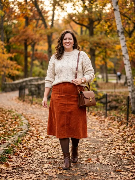 16. Corduroy Skirt with a Knit Sweater for Fall