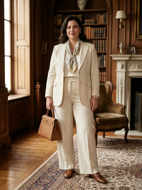 4. Cream Blazer With Trousers And A Silk Scarf