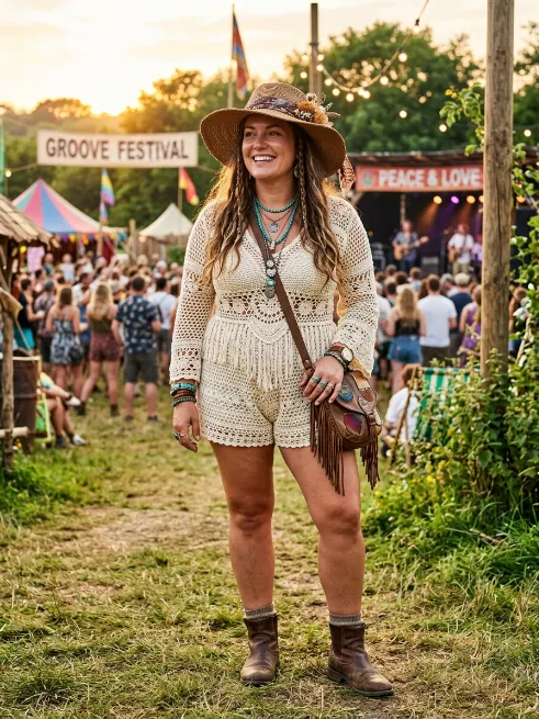 21. Crochet romper with a floppy hat