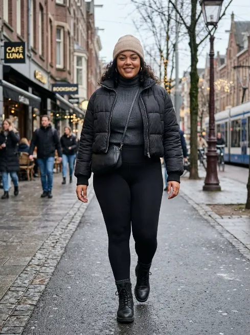 16. Cropped Puffer Jacket With Leggings and Boots