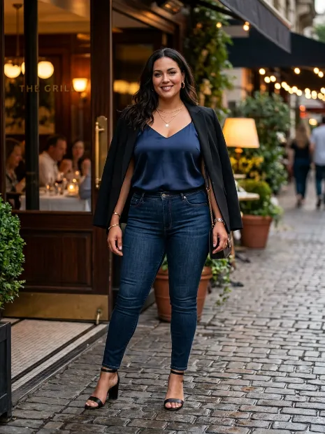 6. Dark Wash Skinny Jeans With A Silk Camisole