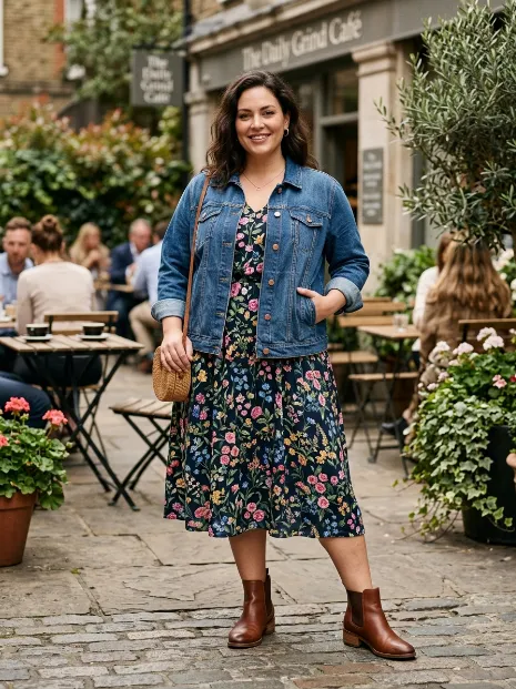 2. Denim Jacket Over a Floral Midi Dress