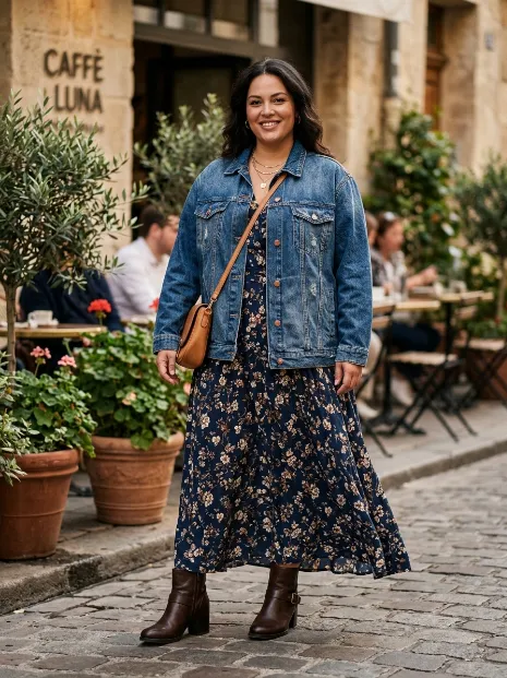 1. Denim Jacket With a Flowy Maxi Dress