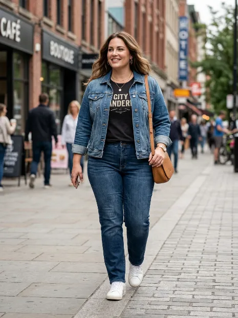 16. Denim Jacket With a Graphic Tee and Jeans